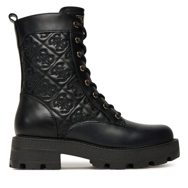 Trzewiki Guess. Czarne botki damskie Guess, z aplikacjami, bez obcasa, na płaskiej podeszwie, bez zapięcia. Za 609.99 zł.