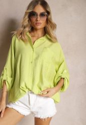 Jasnozielona Wiskozowa Koszula z Guzikami i Rękawem Długości 3/4 Herale. Zielone koszule damskie Renee, plus size, bez wzorów, z materiału, bez kołnierzyka, bez ramiączek. Za 89.99 zł.