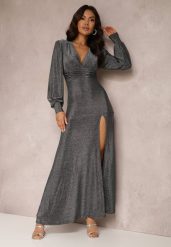Srebrna Sukienka Wieczorowa z Głębokim Dekoltem Phaly. Szare sukienki damskie Renee, l, bez wzorów, wizytowe, bez kołnierzyka, bez ramiączek, maxi. Za 159.99 zł.