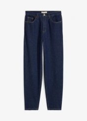 Jeansy mom, high waist, cropped. Niebieskie jeansy damskie bonprix, bez wzorów, z jeansu, z podwyższonym stanem, krótkie. Za 54.99 zł.