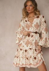 Jasnobeżowa Rozkloszowana Sukienka z Wiskozy Zdobiona Etnicznym Printem Pasiretia. Brązowe sukienki damskie Renee, na co dzień, l, z aplikacjami, z wiskozy, eleganckie, bez kołnierzyka, bez ramiączek, mini, rozkloszowane. Za 89.99 zł.