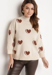 Jasnobeżowy Sweter z Modalem i Wiskozą w Serca Zeanita. Brązowe swetry nierozpinane damskie Born2be, m, bez wzorów, z jeansu, eleganckie, bez kołnierzyka, bez ramiączek. Za 109.99 zł.
