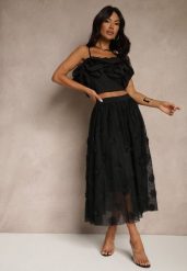 Czarna Tłoczona Spódnica o Rozkloszowanym Kroju z Gumką w Pasie Folunetta. Czarne spódnice damskie Renee, na co dzień, l, bez wzorów, eleganckie, midi, rozkloszowane. Za 79.99 zł.