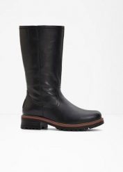 Kozaki. Czarne kozaki damskie bonprix, na zimę, bez wzorów, bez obcasa, bez zapięcia. Za 169.99 zł.