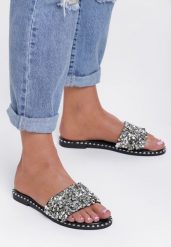 Czarne Klapki Indicating. Czarne klapki damskie Renee, na lato, z aplikacjami, eleganckie, bez obcasa, na płaskiej podeszwie, bez zapięcia. W wyprzedaży za 59.99 zł.