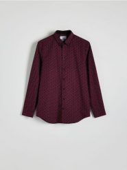 Koszula slim fit z bawełną - bordowy. Czerwone koszule męskie Reserved, l, bez wzorów, z bawełny, bez kołnierzyka, bez ramiączek. W wyprzedaży za 39.99 zł.