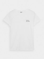4F T-shirt slim z nadrukiem damski - biały XS. Białe t-shirty damskie 4F, xs, bez wzorów, z bawełny, klasyczne, bez kołnierzyka, bez ramiączek. W wyprzedaży za 29.99 zł.