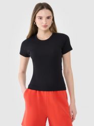 4F T-shirt slim z prążkowanej dzianiny damski - czarny XXL. Czarne t-shirty damskie 4F, xs, bez wzorów, z bawełny, klasyczne, bez kołnierzyka, bez ramiączek. W wyprzedaży za 39.99 zł.