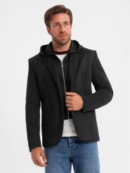 Męska marynarka z odpinaną podpinką i kapturem – czarna V1 OM-BLZB-0126 - XXL. Szare garnitury męskie Ombre Clothing, l, bez wzorów, z materiału, biznesowe. Za 335.99 zł.