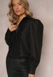 Czarna Koszula z Haftowanego Materiału z Kołnierzykiem i Guzikami Helminave. Czarne koszule damskie Renee, m, bez wzorów, eleganckie, bez kołnierzyka, bez ramiączek. Za 119.99 zł.