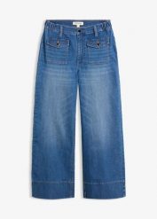 Jeansy wide leg, wysoki stan. Brązowe jeansy damskie bonprix, bez wzorów, z jeansu, z podwyższonym stanem. Za 169.99 zł.