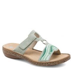 Klapki Rieker. Zielone klapki damskie Rieker, bez wzorów, bez obcasa, bez zapięcia. Za 289.99 zł.