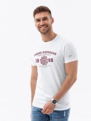Bawełniany męski t-shirt z nadrukiem w stylu college – biały V1 - Rozmiar: XXL. Białe t-shirty męskie Ombre Clothing, m, z aplikacjami, z bawełny, bez kołnierzyka, bez ramiączek. W wyprzedaży za 29.99 zł.