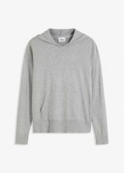Bluza dzianinowa z kapturem i kieszonką kangurką, z materiału z domieszką wiskozy. Szare bluzy damskie bonprix, bez wzorów, z dzianiny, bez ramiączek, z kapturem. Za 149.99 zł.