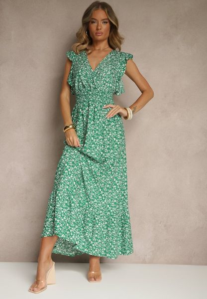 Zielona Rozkloszowana Sukienka Zdobiona Falbanami i Kwiatowym Printem Aravee. Zielone sukienki damskie Renee, na co dzień, na lato, m, z aplikacjami, bez kołnierzyka, bez ramiączek, maxi, rozkloszowane. Za 59.99 zł.