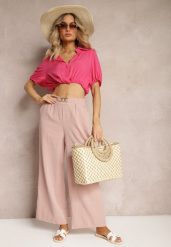 Jasnoróżowe Spodnie z Szerokimi Nogawkami w Stylu Palazzo High Waist z Gumką w Pasie z Ozdobnym Elementem Ellsiana. Czerwone spodnie materiałowe damskie Renee, bez wzorów, z bawełny, eleganckie, z podwyższonym stanem. Za 44.99 zł.