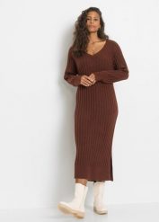 Sukienka dzianinowa midi. Zielone sukienki damskie bonprix, bez wzorów, z dzianiny, bez kołnierzyka, bez ramiączek, midi. Za 127.99 zł.