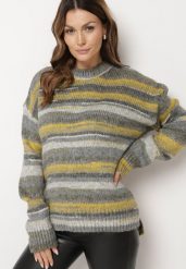 Szaro-Zielony Sweter w Poziome Paski Rortia. Szare swetry nierozpinane damskie Born2be, na zimę, m, bez wzorów, bez kołnierzyka, bez ramiączek. Za 119.99 zł.