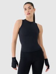 4F Crop-top slim damski - czarny L. Czarne topy damskie 4F, l, bez wzorów, z dzianiny, sportowe, bez kołnierzyka, bez ramiączek. W wyprzedaży za 39.99 zł.