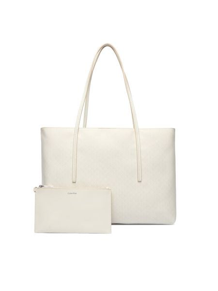 Calvin Klein Torebka Emblem Aop Tote W/ Pouch LV04F3266G Écru. Shopperki damskie Calvin Klein, bez wzorów, ze skóry, bez dodatków. Za 649.99 zł.