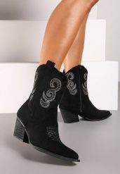 Czarne Botki na Stożku w Stylu Kowbojek Ozdobione Cyrkoniami Ansitha. Czarne botki damskie Renee, bez wzorów, z jeansu, boho, bez obcasa, na obcasie, bez zapięcia. Za 149.99 zł.