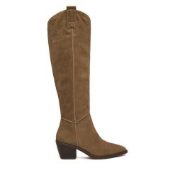 Kozaki Badura. Brązowe kozaki damskie Badura, bez wzorów, bez obcasa, na słupku, bez zapięcia. Za 369.99 zł.