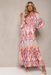Bordowa Rozkloszowana Sukienka z Elastyczną Gumką w Talii w Stylu Boho Mizza. Czerwone sukienki damskie Renee, na imprezę, l, bez wzorów, boho, bez kołnierzyka, bez ramiączek, maxi, dopasowane. Za 139.99 zł.