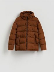 Pikowana kurtka z kapturem - brązowy. Brązowe kurtki męskie Reserved, l, bez wzorów, z tkaniny, z kapturem. Za 299.99 zł.