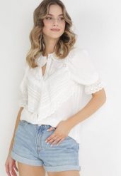 Biała Haftowana Koszula z Ozdobnym Kołnierzem Abigala. Białe koszule damskie Born2be, l, bez wzorów, bez kołnierzyka, bez ramiączek. Za 119.99 zł.