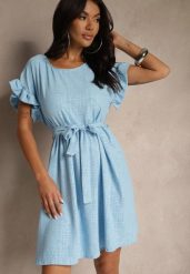 Jasnoniebieska Sukienka z Paskiem i Falbankami przy Rękawach Folunelle. Niebieskie sukienki damskie Renee, na co dzień, bez wzorów, eleganckie, bez kołnierzyka, bez ramiączek, mini. Za 59.99 zł.