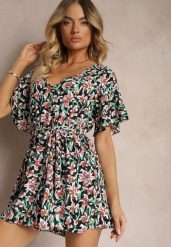 Czarno-Zielony Kombinezon z Dekoltem w Serek z Gumką w Talii i Materiałowym Paskiem Tessanda. Czarne sukienki damskie Renee, na co dzień, l, bez wzorów, z materiału, eleganckie, bez kołnierzyka, bez ramiączek, kopertowe. Za 39.99 zł.