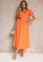 Pomarańczowa Taliowana Sukienka Maxi z Falbanami Giftis. Brązowe sukienki damskie Renee, na imprezę, m, z aplikacjami, bez kołnierzyka, bez ramiączek, maxi. Za 89.99 zł.