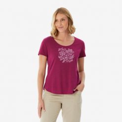 Koszulka turystyczna z krótkim rękawem damska Quechua NH500. Czerwone bluzki damskie QUECHUA, m, bez wzorów, z bawełny, sportowe, bez kołnierzyka, bez ramiączek. Za 52.49 zł.