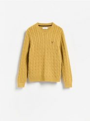 Sweter z haftem - musztardowy. Swetry męskie Reserved, l, bez wzorów, z bawełny, bez kołnierzyka, bez ramiączek. Za 149.99 zł.