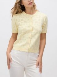 Ażurowy kardigan - jasnożółty. Żółte kardigany damskie Reserved, l, w ażurowe wzory, z bawełny, bez kołnierzyka. Za 99.99 zł.