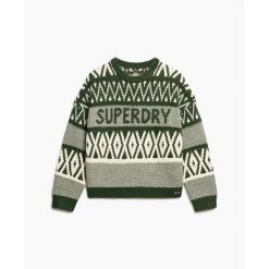 Sweter z wzorem damski Superdry. Zielone swetry nierozpinane damskie Superdry, na zimę, xl, z aplikacjami, z dzianiny, eleganckie, bez kołnierzyka, bez ramiączek. Za 346.45 zł.