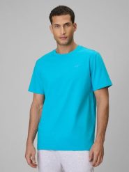 4F T-shirt regular gładki męski - niebieski L. Niebieskie t-shirty męskie 4F, l, bez wzorów, z materiału, bez kołnierzyka, bez ramiączek. Za 49.99 zł.