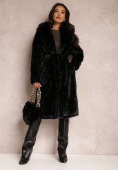 Czarny Płaszcz Futrzany Teddy z Wiązanym Paskiem i Torebką Voda. Czarne płaszcze damskie Renee, l, bez wzorów, z futra, eleganckie, bez kołnierzyka, bez kaptura. Za 369.99 zł.