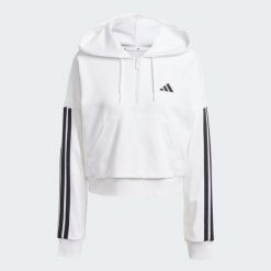 Bluza z kapturem Essentials 3-Stripes French Terry Quarter-Zip. Białe bluzy damskie Adidas, xs, bez wzorów, z bawełny, bez ramiączek, z kapturem. Za 259.00 zł.