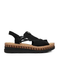 Sandały Rieker. Czarne sandały damskie Rieker, bez wzorów, bez obcasa, na koturnie, bez zapięcia. Za 319.99 zł.