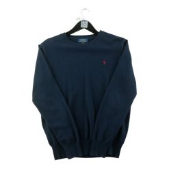 Second life - Sweter męski z okrągłym dekoltem z dzianiny bawełnianej - Jak nowy. Niebieskie swetry męskie Ralph Lauren, m, bez wzorów, z bawełny, marine, bez kołnierzyka, bez ramiączek. Za 190.96 zł.
