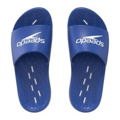 Klapki basenowe antypoślizgowe męskie Speedo Slide. Niebieskie klapki męskie Speedo, bez wzorów, z materiału, bez zapięcia. Za 94.99 zł.