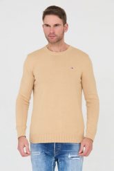 TOMMY JEANS Beżowy sweter. Brązowe swetry męskie Tommy Jeans, l, bez wzorów, z jeansu, bez kołnierzyka, bez ramiączek. W wyprzedaży za 284.99 zł.