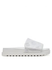 Guess Klapki FLJFA2ELE19 Biały. Białe klapki damskie Guess, z aplikacjami, ze skóry, bez obcasa, bez zapięcia. Za 289.99 zł.