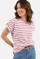 T-shirt w paski, Comfort Fit, T-PORTO. Czerwone t-shirty damskie Volcano, xxl, bez wzorów, z bawełny, bez kołnierzyka, bez ramiączek. Za 64.99 zł.