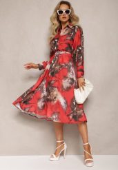 Czerwono-Brązowa Rozkloszowana Sukienka Midi z Paskiem z Klamrą Qirvina. Czerwone sukienki damskie Renee, na co dzień, l, bez wzorów, eleganckie, bez kołnierzyka, bez ramiączek, midi, proste. Za 44.99 zł.