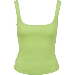 Damski klasyczny miejski top z szerokim wycięciem. Żółte topy damskie Urban Classics, bez wzorów, klasyczne, bez kołnierzyka, bez ramiączek. Za 95.00 zł.