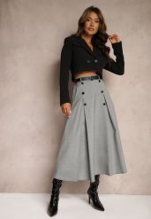 Szaro-Czarna Spódnica o Rozkloszowanym Kroju High Waist z Guzikami Paskiem i Gumką w Talii Verianne. Szare spódnice damskie Renee, l, bez wzorów, z materiału, z podwyższonym stanem, midi, rozkloszowane. Za 129.99 zł.