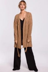 Długi kardigan ażurowy sweter z paskiem beżowy. Brązowe kardigany damskie MOE, l, w ażurowe wzory, z dzianiny, biznesowe, bez kołnierzyka. Za 249.00 zł.