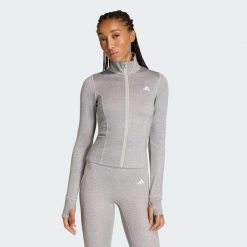 Bluza do ćwiczeń Essentials Heather z suwakiem na całej długości. Szare bluzy damskie Adidas, l, bez wzorów, z dzianiny, sportowe, bez ramiączek, bez kaptura. Za 239.00 zł.